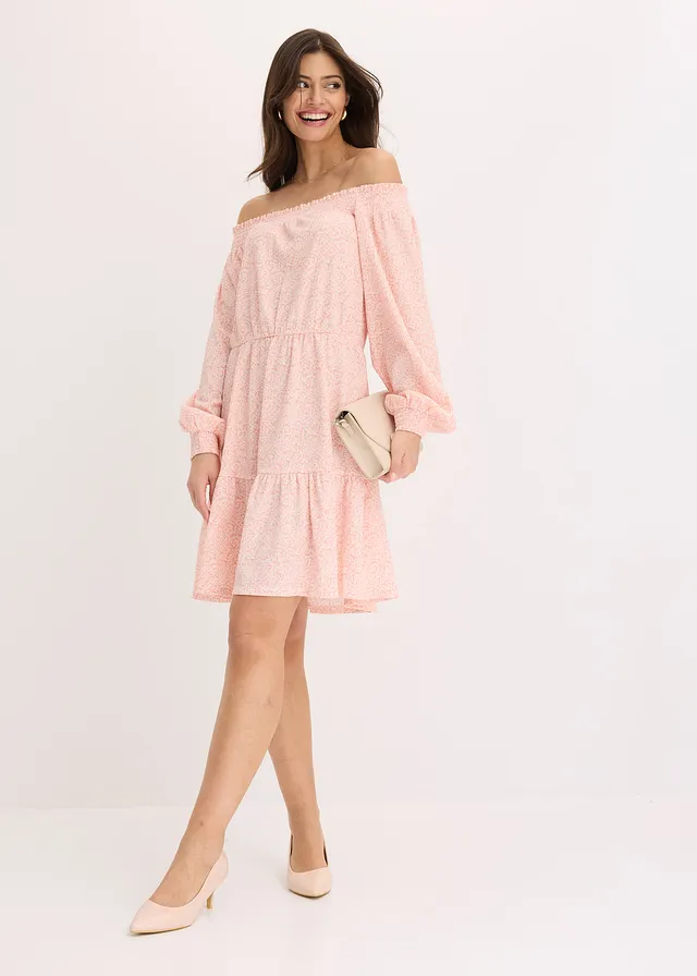 Robe imprimée col Bardot, Couleur: rose/blanc