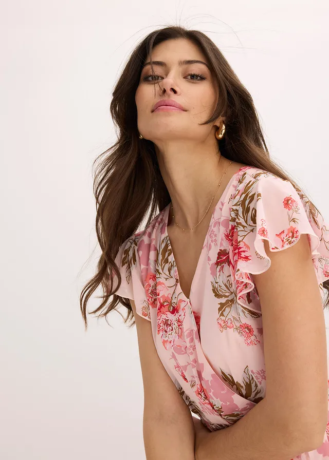 Rochie din șifon cu volane • roz cu flori • magazin bonprix