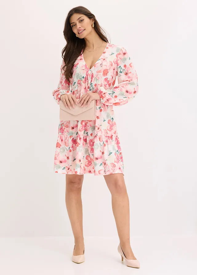 Robe tunique avec jupe évasée, Couleur: crème-rose floral