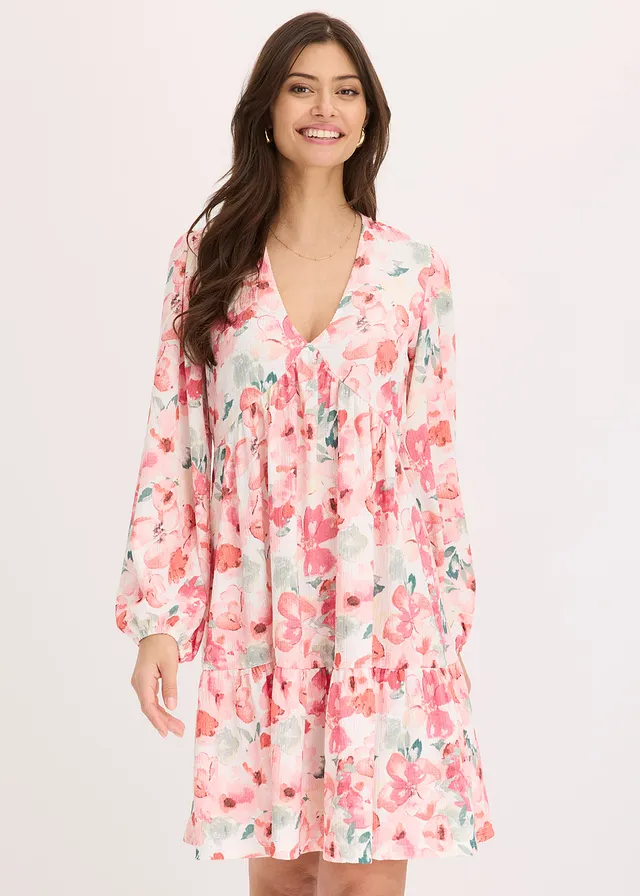 Robe tunique avec jupe évasée, Couleur: crème-rose floral