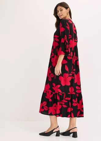Maxi jurk van viscose, Kleur: zwart/magentapink  gebloemd