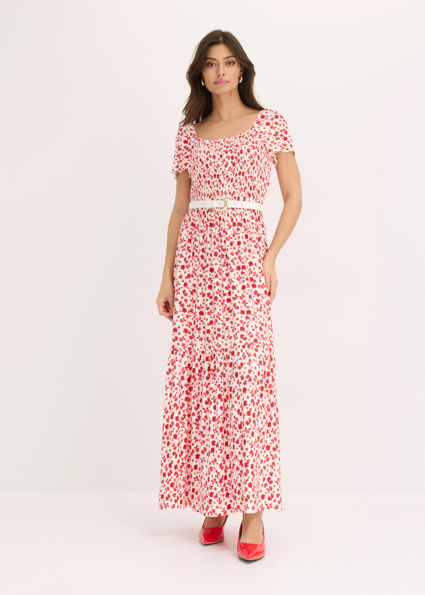 Robe longue en viscose extensible • écru-fraise floral • Boutique bonprix