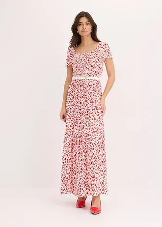 Długa sukienka z mieszanki wiskozy • biel wełny - truskawkowy w kwiaty • sklep bonprix