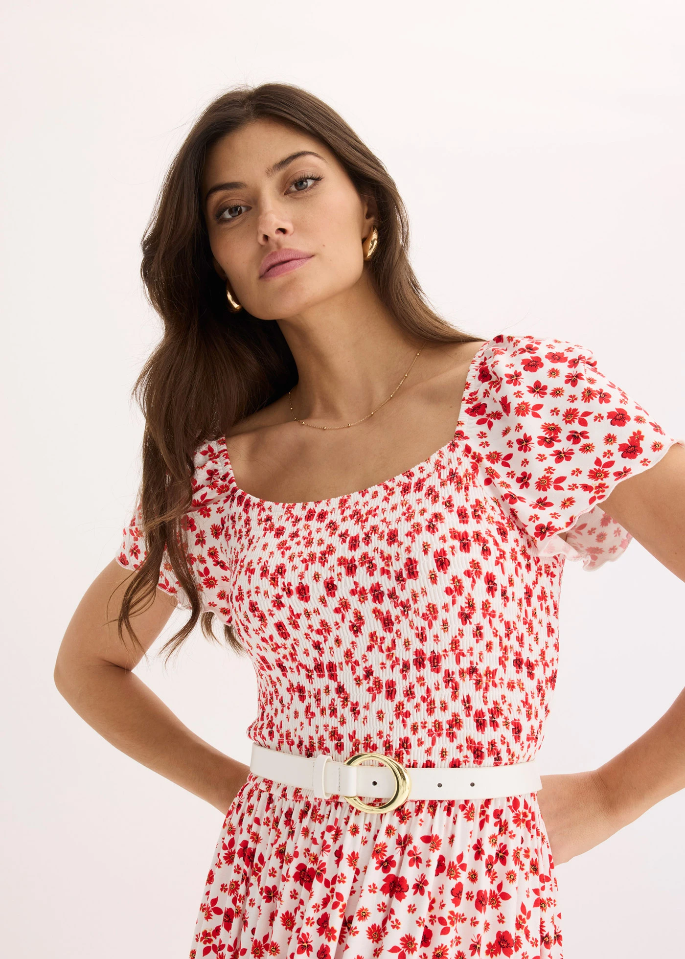 Rochie maxi din material cu viscoză • ecru/roșu-căpșună floral • magazin bonprix