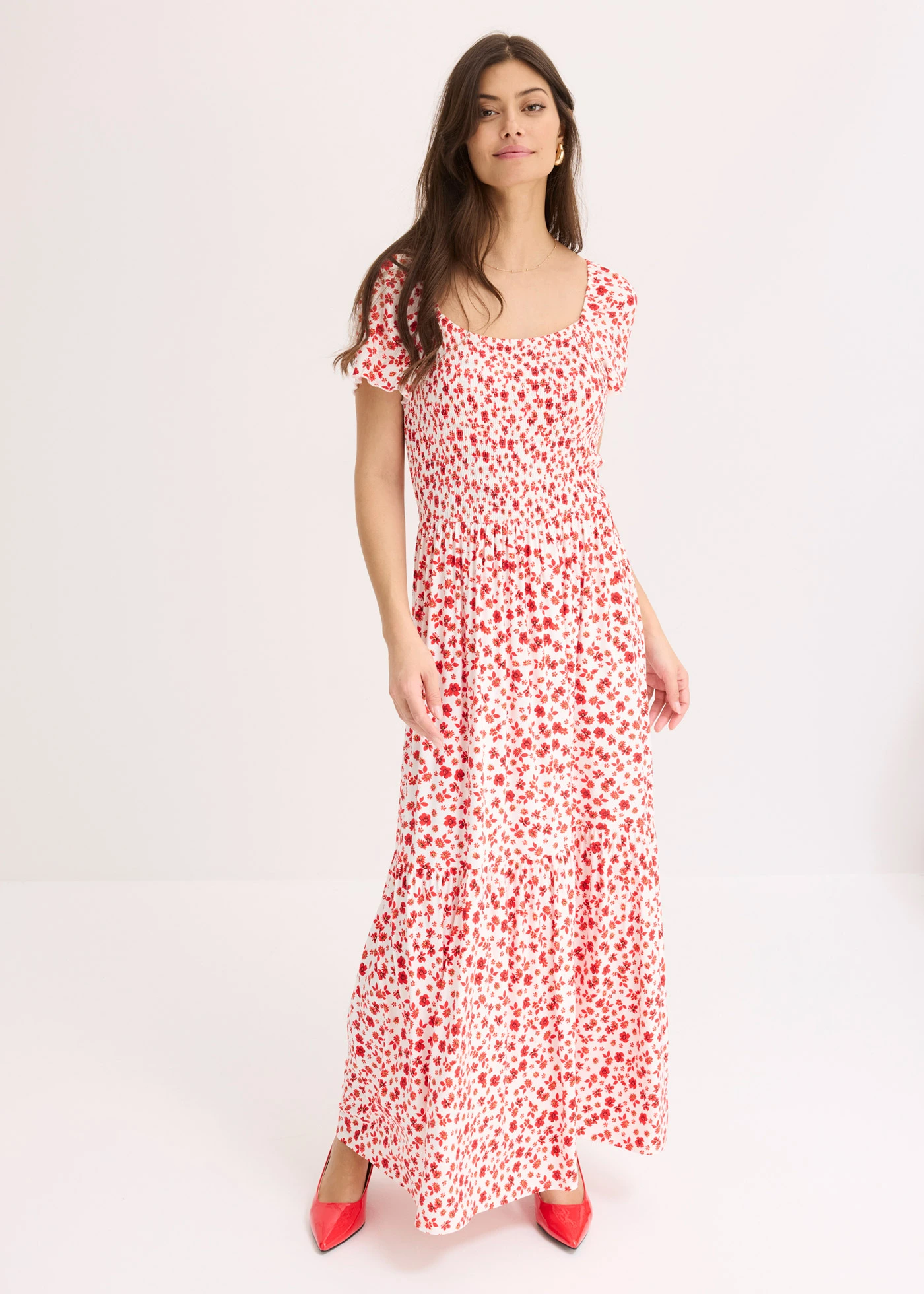 Rochie maxi din material cu viscoză • ecru/roșu-căpșună floral • magazin bonprix