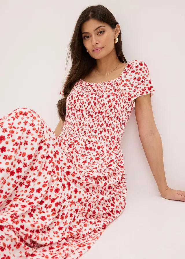 Robe longue en viscose extensible • écru-fraise floral • product-page.page-title-suffix