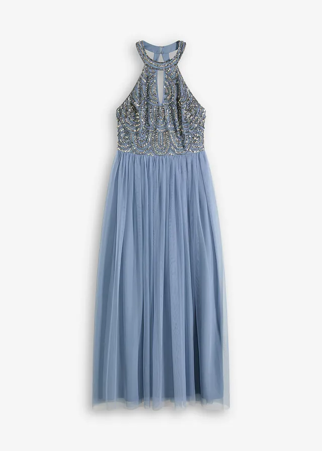 Robe longue brodée de sequins, Couleur: bleu clair/argenté