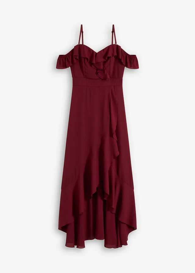 Robe encolure Bardot à volants, Couleur: rouge rubis