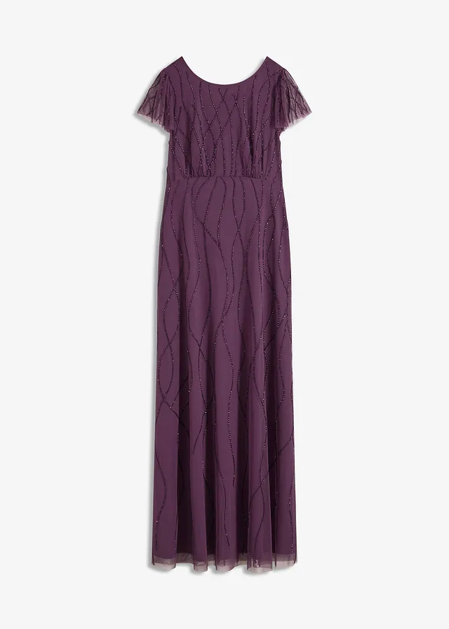 Robe longue en tulle délicat avec perles brodées, Couleur: violet foncé