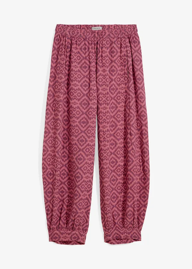 Pantalon sarouel 100% coton, Couleur: prune mat-sorbet fruits rouges graphique