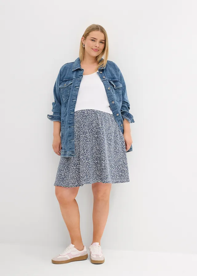 2-in-1 zwangerschapsjurk/voedingsjurk van biologische katoenjersey, Kleur: wolwit-donkerblauw gebloemd