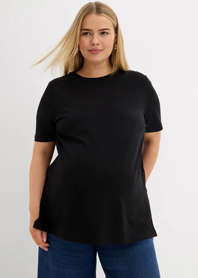 2-in-1 zwangerschaps- en borstvoedingsshirt van biologisch katoen met zijsplitten, Kleur: zwart