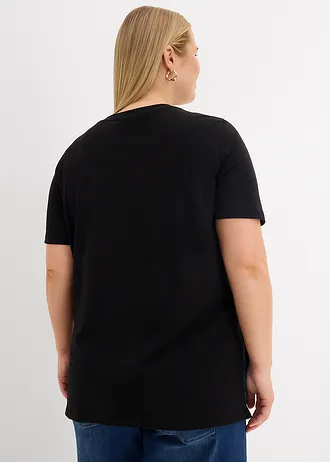 2-in-1 zwangerschaps- en borstvoedingsshirt van biologisch katoen met zijsplitten, Kleur: zwart