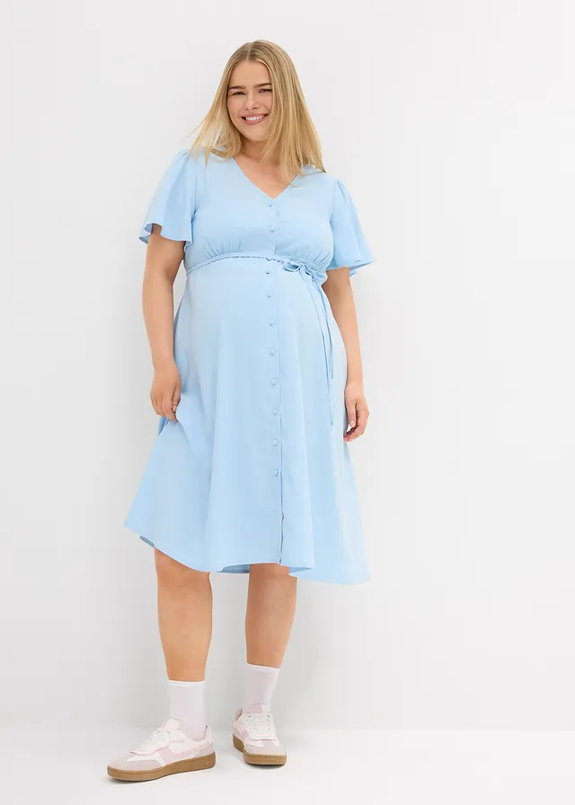 Robe de grossesse et d'allaitement avec patte de boutonnage, Couleur: bleu clair