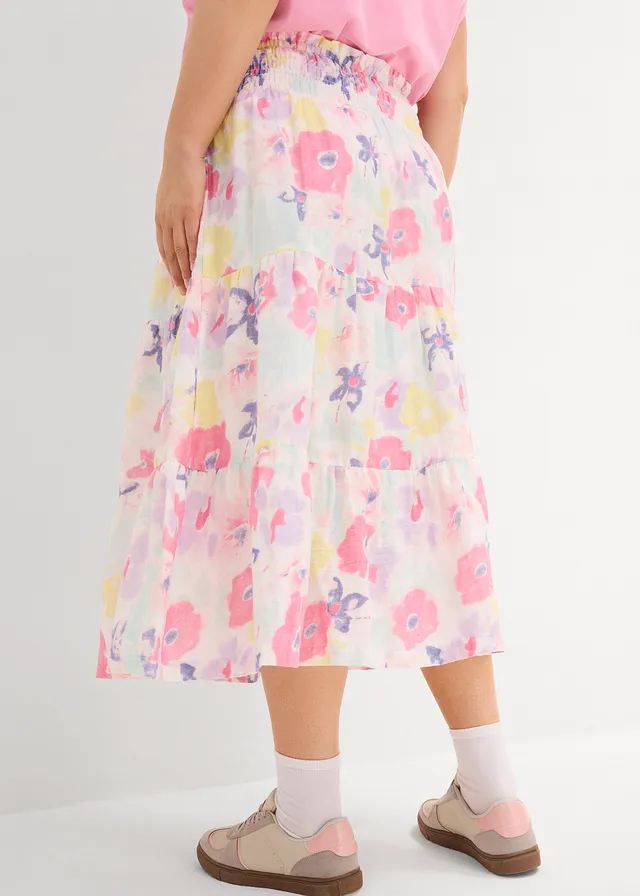 Jupe étagée en gaze de coton, Couleur: rose flamant à fleurs