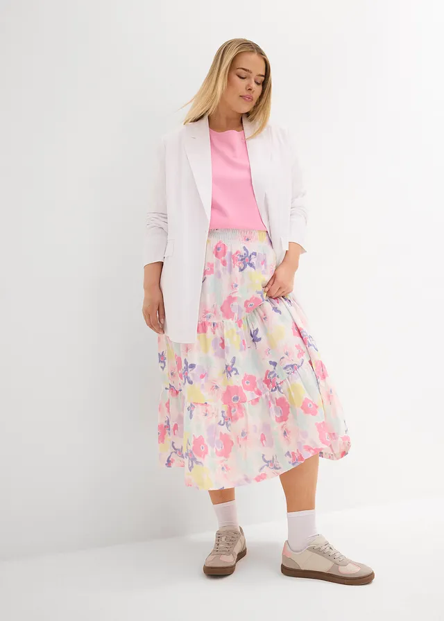 Jupe étagée en gaze de coton, Couleur: rose flamant à fleurs