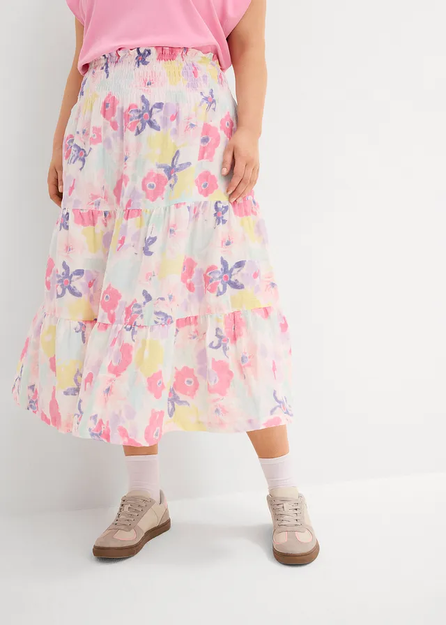 Strokenrok van mousseline, Kleur: flamingopink gebloemd