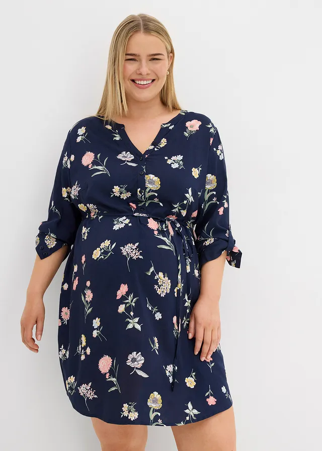Robe blouse 2en1 de grossesse et d'allaitement en viscose, Couleur: bleu foncé/multicolore à fleurs