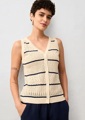 Gilet sans manches en maille ajourée avec lin • sable clair/bleu foncé • Boutique bonprix
