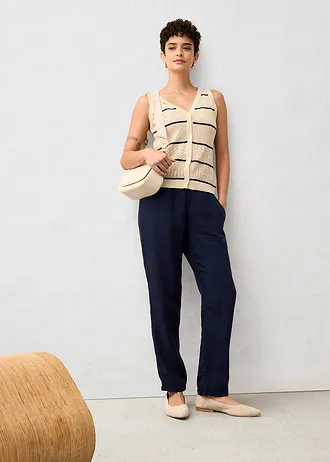 Gilet sans manches en maille ajourée avec lin • sable clair/bleu foncé • Boutique bonprix