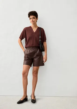 Ajour poloshirt met linnen • terrabruin • bonprix online shop