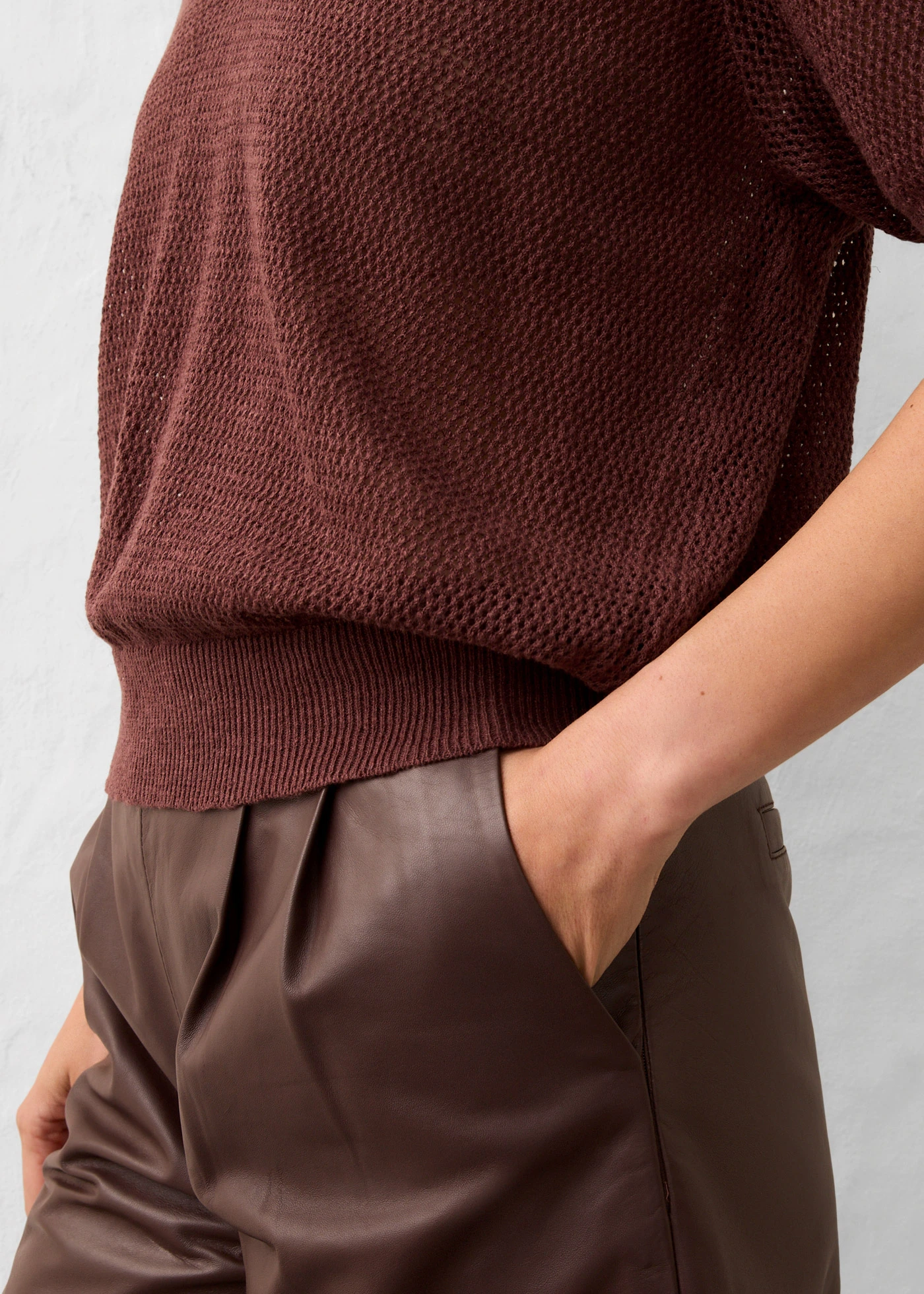 Ajour poloshirt met linnen • terrabruin • bonprix online shop