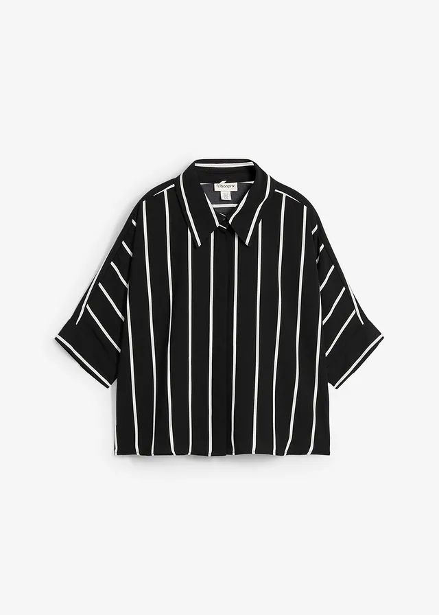 Blouse met korte mouwen van gestructureerde crêpe, Kleur: zwart-wolwit gestreept