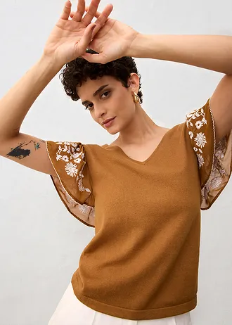 Gebreide top met zijde en mouwen van chiffon • cognac • bonprix online shop