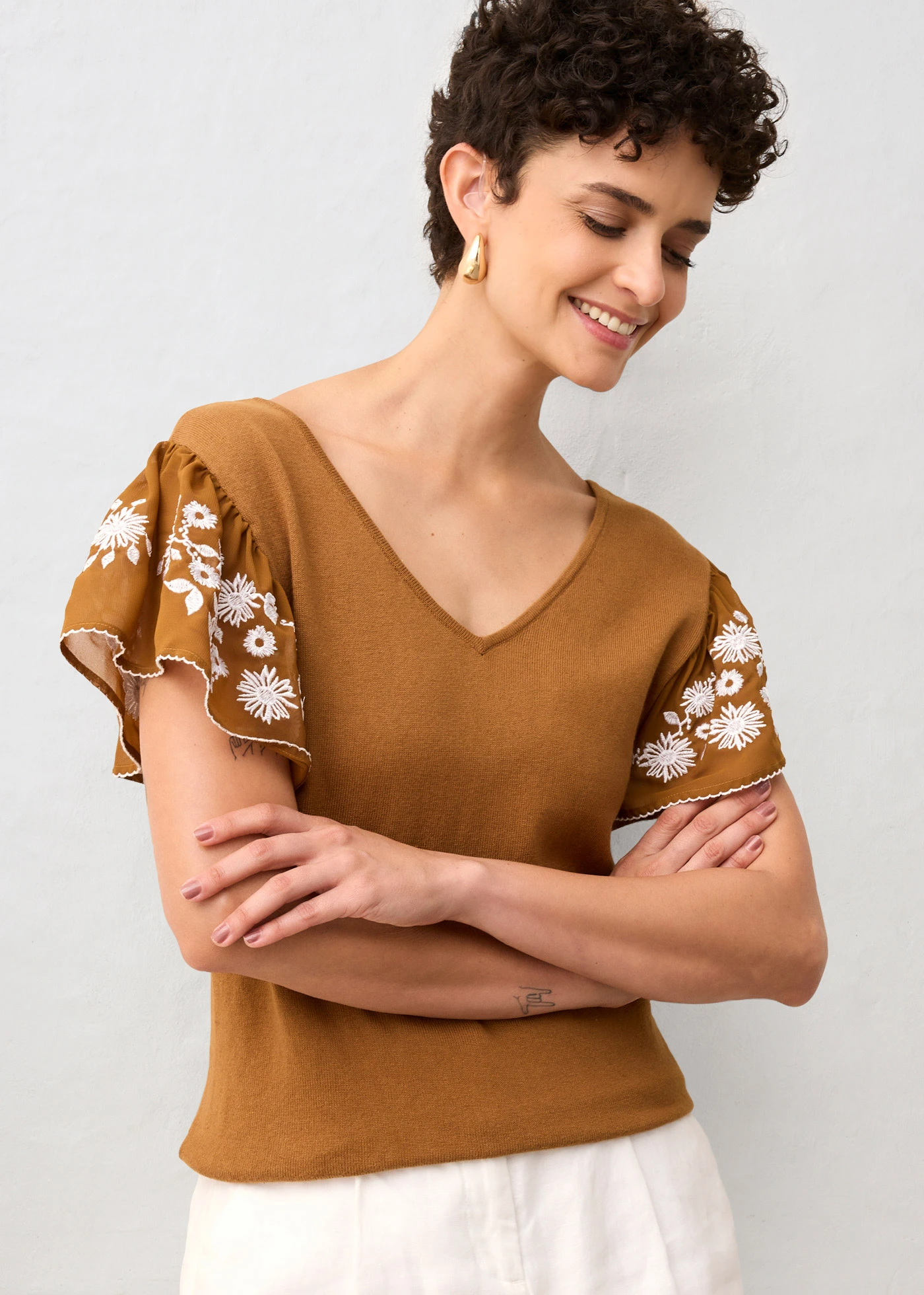 Gebreide top met zijde en mouwen van chiffon • cognac • bonprix online shop