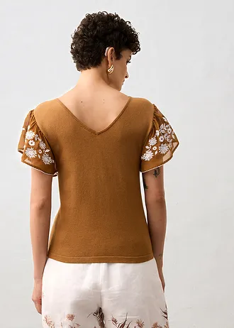 Gebreide top met zijde en mouwen van chiffon • cognac • bonprix online shop