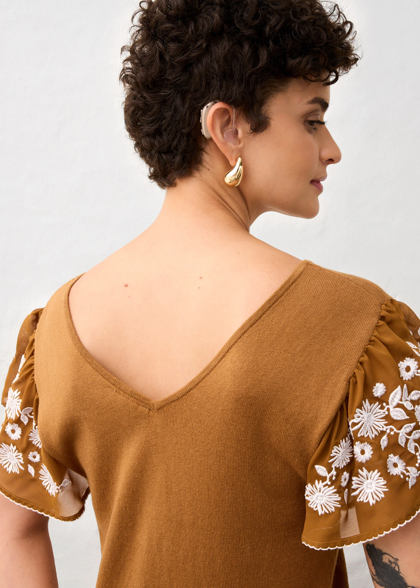 Gebreide top met zijde en mouwen van chiffon • cognac • bonprix online shop