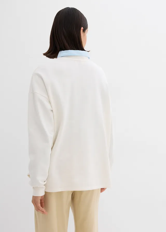 Oversized longsleeve van katoenmix, Kleur: wolwit gedessineerd