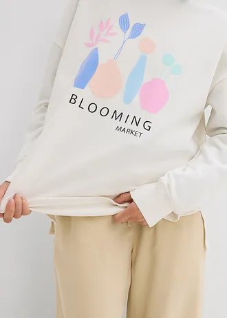 Oversized longsleeve van katoenmix • wolwit gedessineerd • bonprix online shop