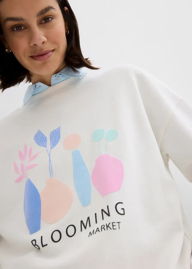 Oversized longsleeve van katoenmix • wolwit gedessineerd • product-page.page-title-suffix