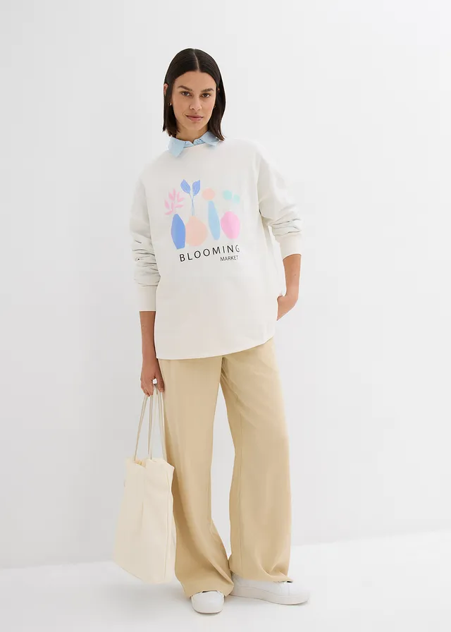 Sweat oversize en coton mélangé, Couleur: blanc cassé imprimé