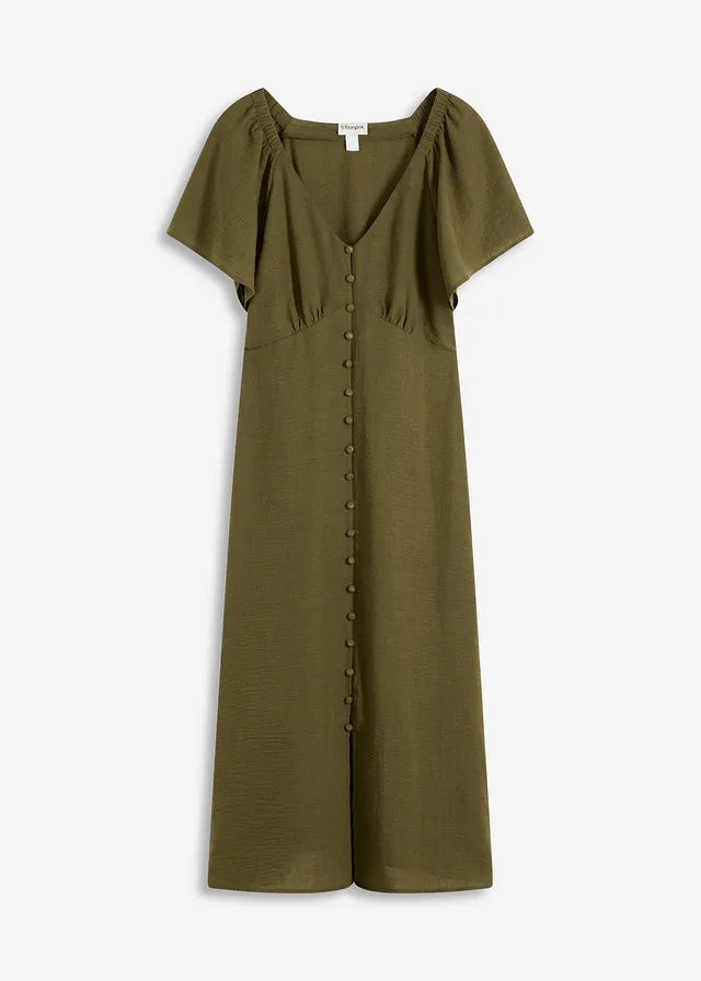 Midi jurk in linnen look • donkerolijfgroen • bonprix online shop