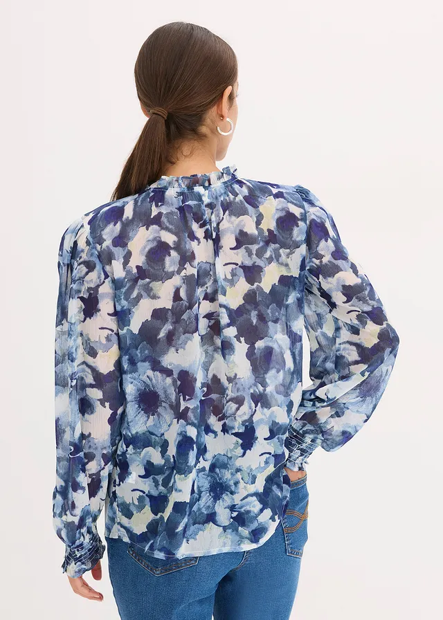 Gedessineerde blouse van chiffon, Kleur: blauw gebloemd