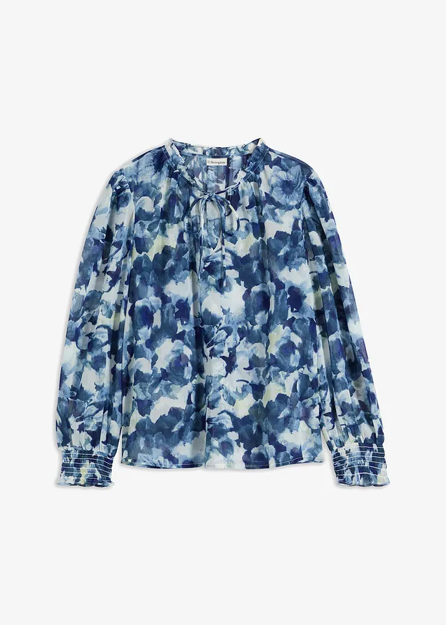 Gedessineerde blouse van chiffon, Kleur: blauw gebloemd