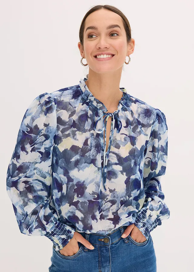 Gedessineerde blouse van chiffon, Kleur: blauw gebloemd