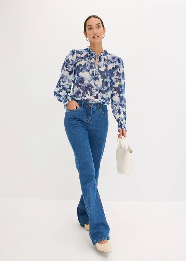 Gedessineerde blouse van chiffon, Kleur: blauw gebloemd