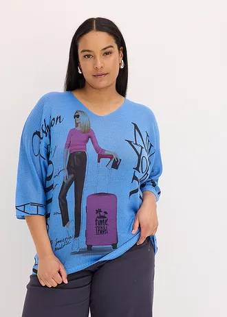 Trui, Kleur: middenblauw/zwart gedessineerd