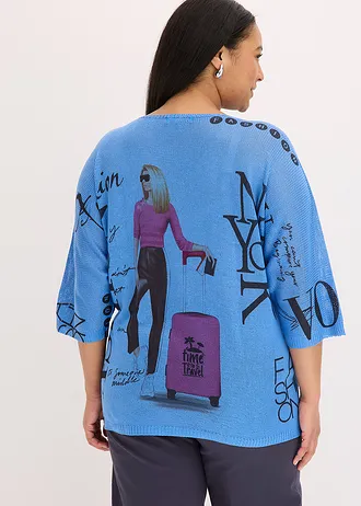 Trui, Kleur: middenblauw/zwart gedessineerd