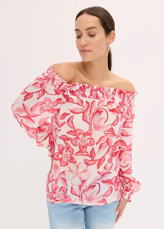 Blouse imprimée encolure bardot, Couleur: blanc/magenta floral