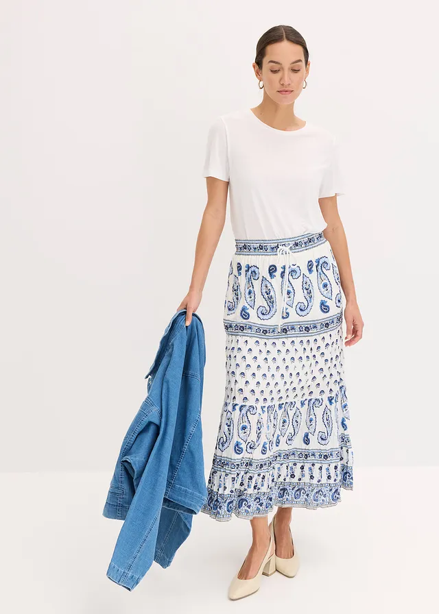 Jupe longue 100% coton, Couleur: bleu nuit/blanc imprimé
