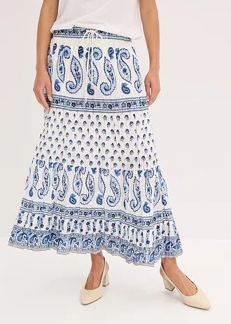 Jupe longue 100% coton • bleu nuit/blanc imprimé • Boutique bonprix