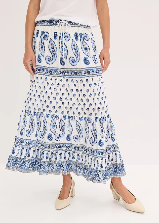 Jupe longue 100% coton, Couleur: bleu nuit/blanc imprimé