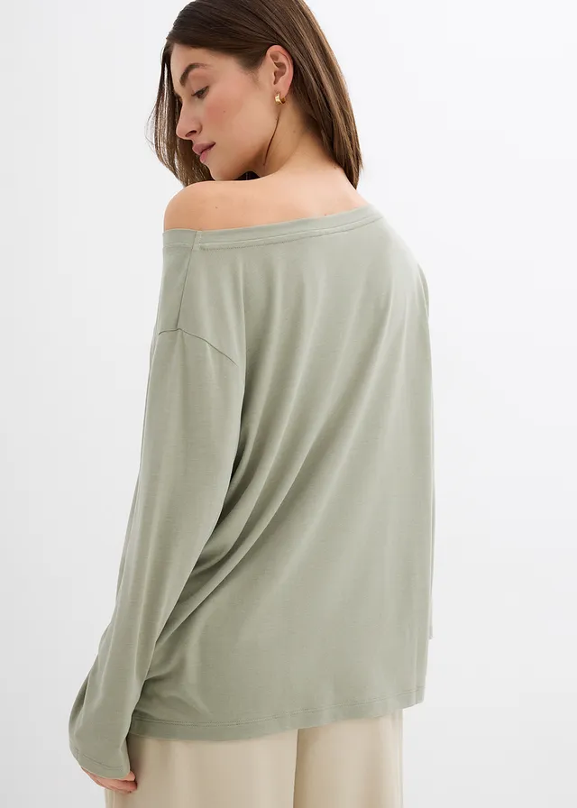 T-shirt épaule dénudée en modal mélangé, Couleur: gris vert