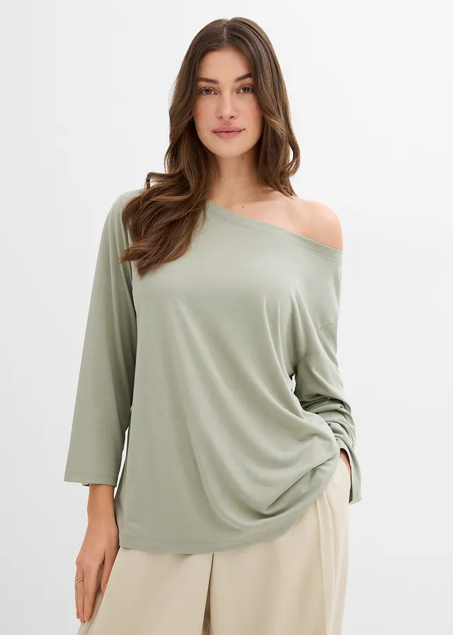T-shirt épaule dénudée en modal mélangé, Couleur: gris vert