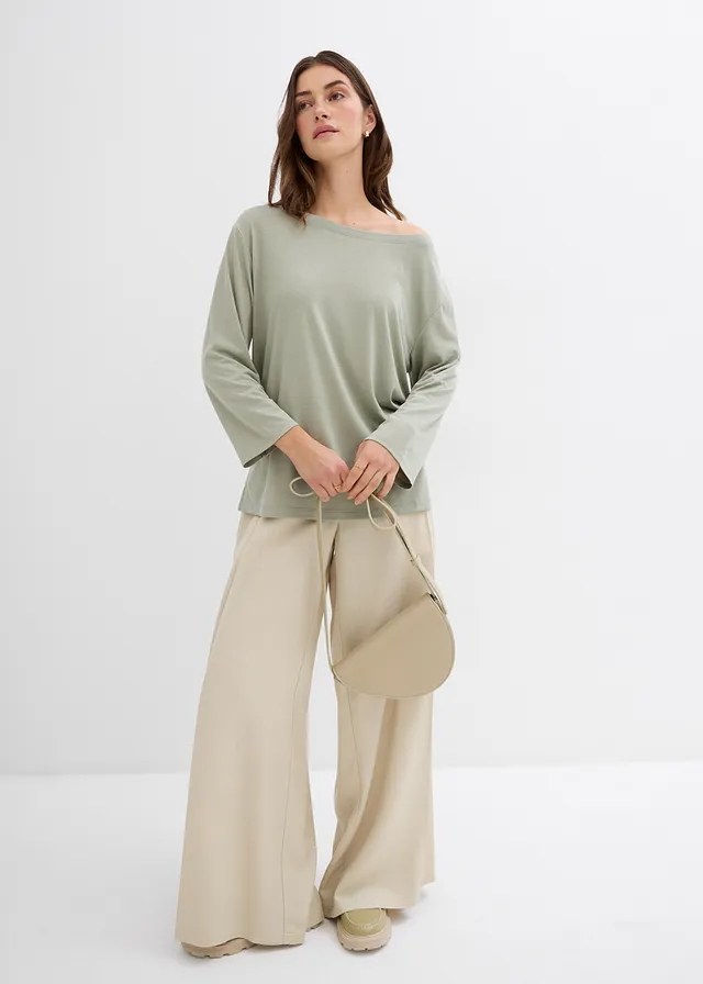 T-shirt épaule dénudée en modal mélangé, Couleur: gris vert