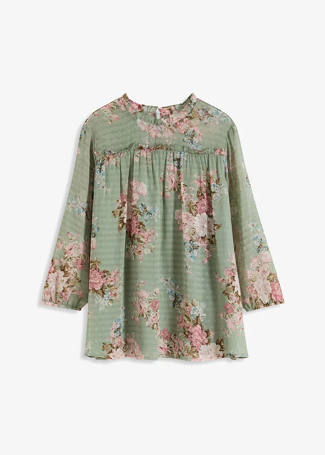 Chiffon tuniek bedrukt, Kleur: lichtrietgroen gebloemd